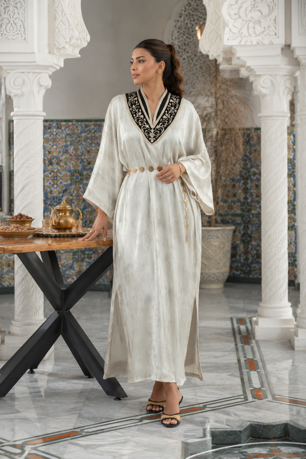 Djeba Janette blanc cassé en satin, col en velours noir brodé doré